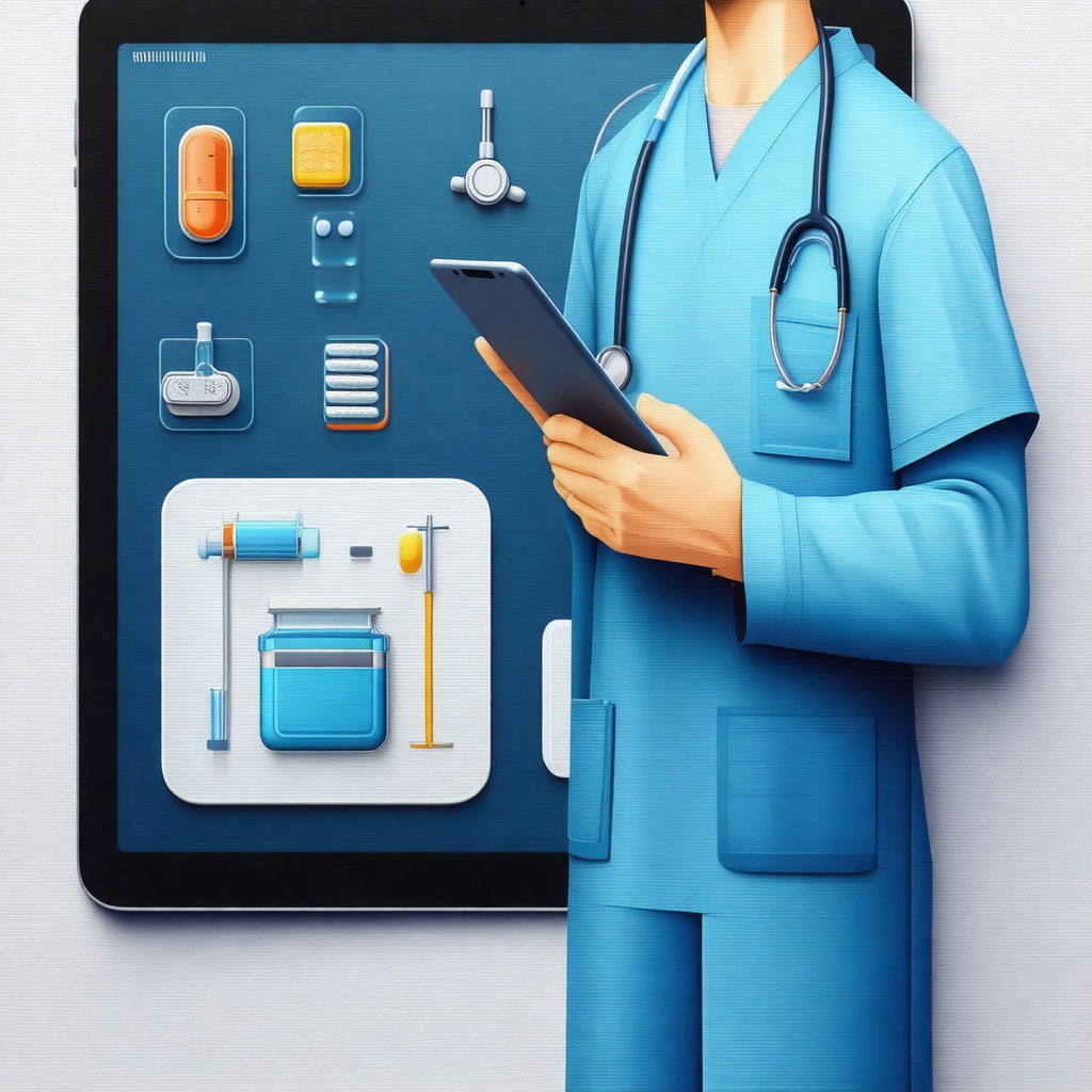 Man dressed in a blue medical uniform, holding a cell pho...