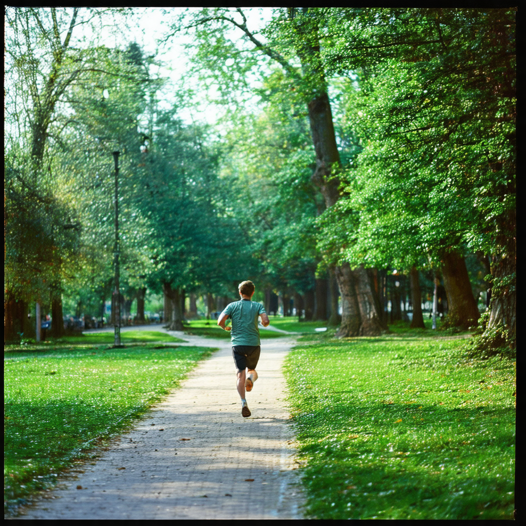 Captures a man running down a path in a park