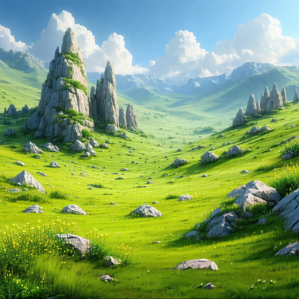 Beautifully drawn cartoon of a lush green field with a mo...