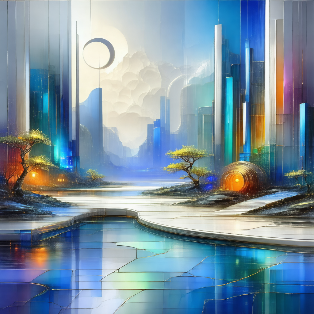 Painting of a futuristic cityscape with a large body of w...