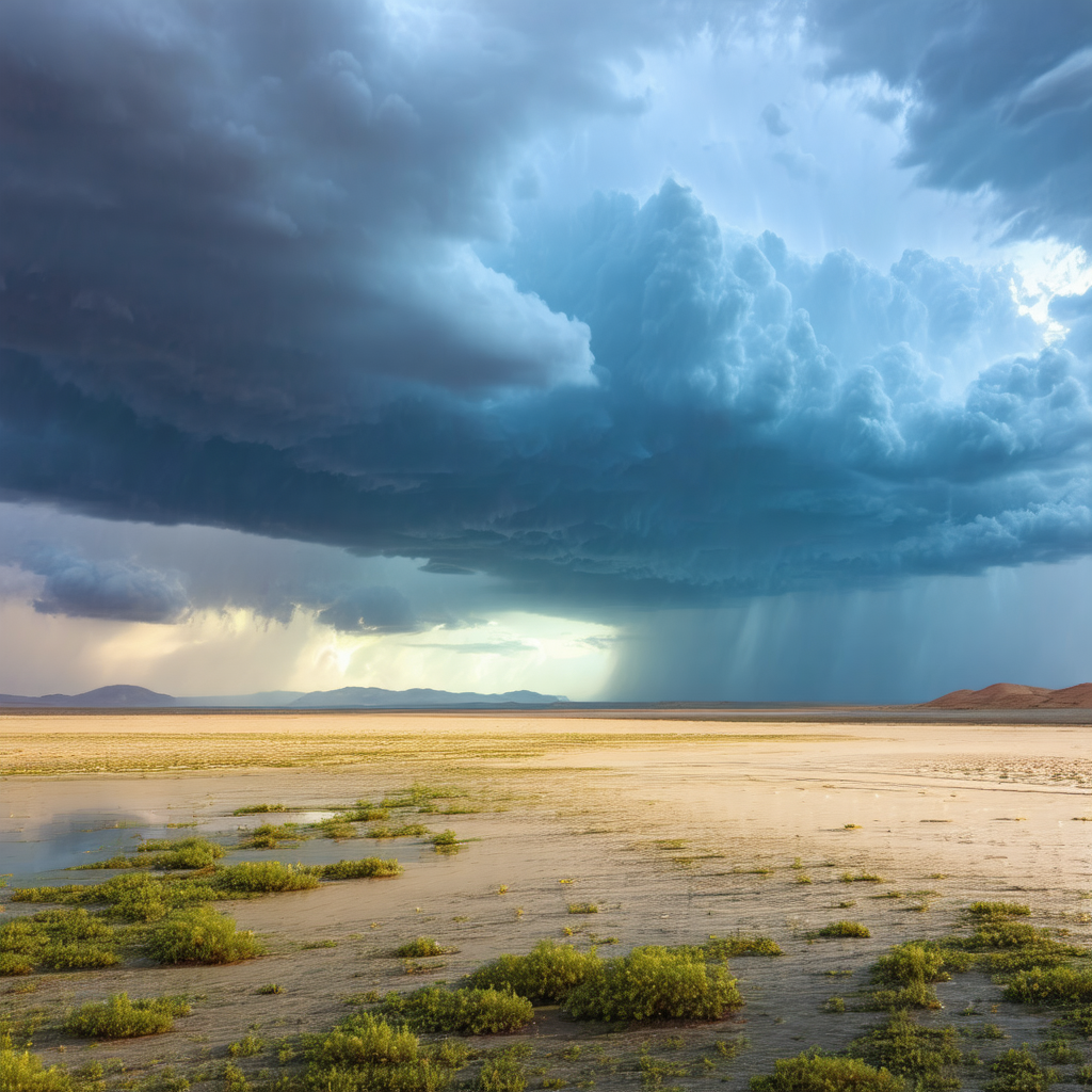 Large, dark cloud hovering over a dry, grassy field