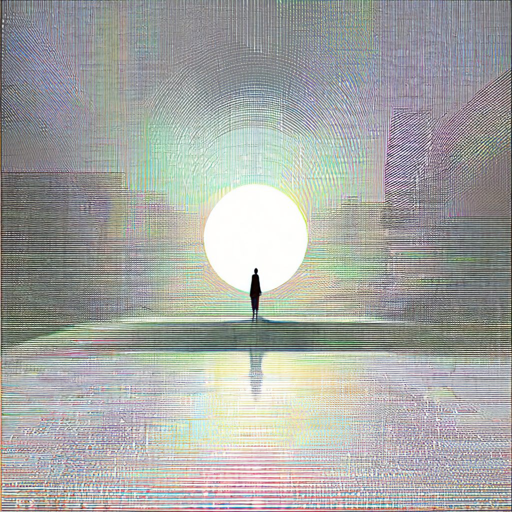 Person standing in a large, open area with a bright, whit...