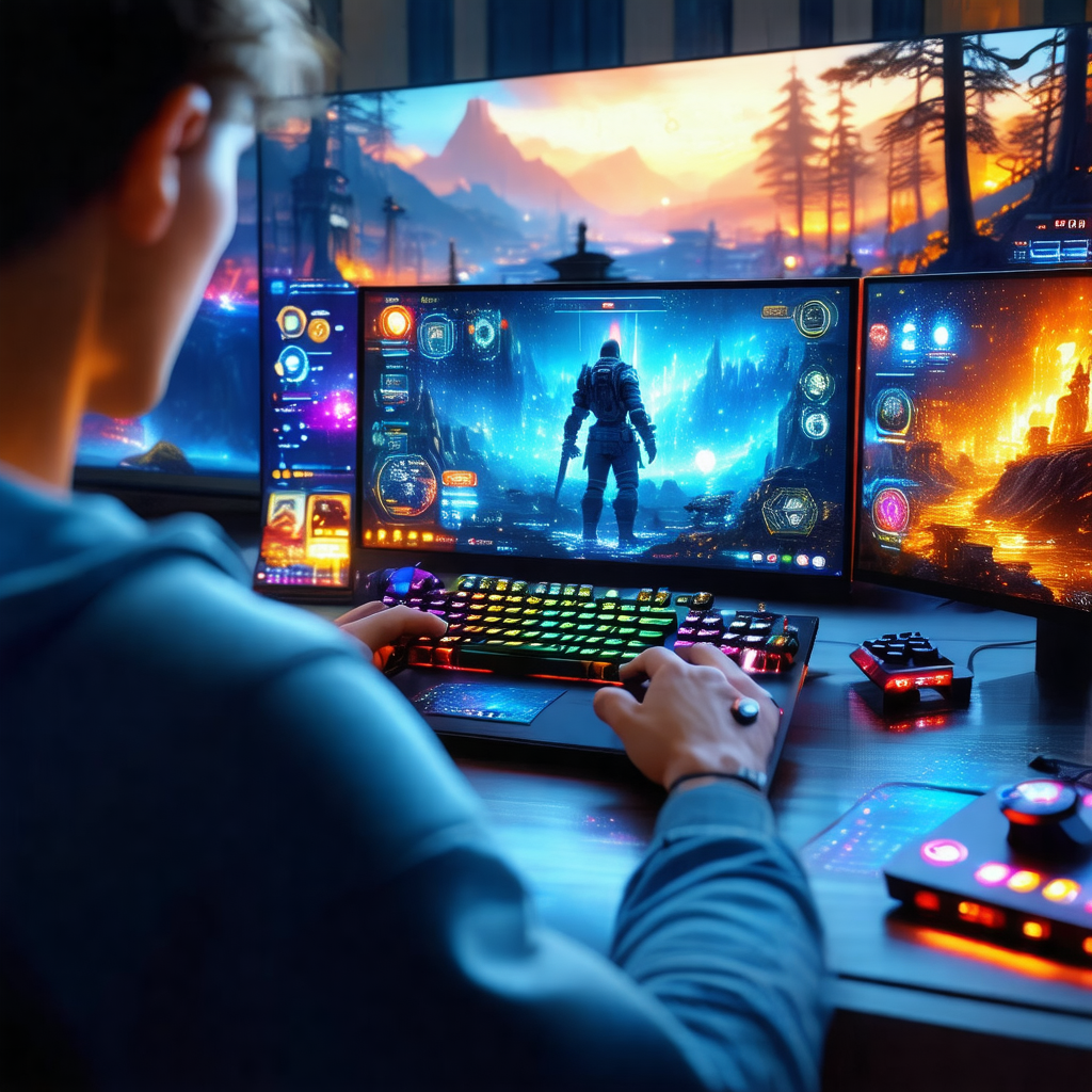 Man sitting at a desk, using a computer with two monitors