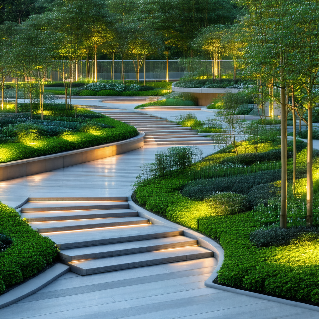 Beautifully lit garden with a pathway leading to a staircase