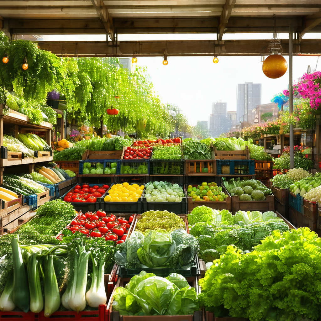 Showcases a large market filled with a variety of fresh v...