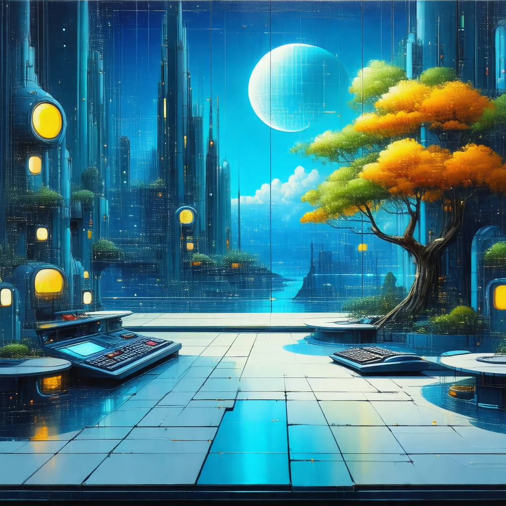 Futuristic painting of a city with a large tree in the mi...