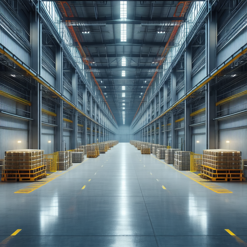 Large warehouse with a long aisle filled with numerous wo...