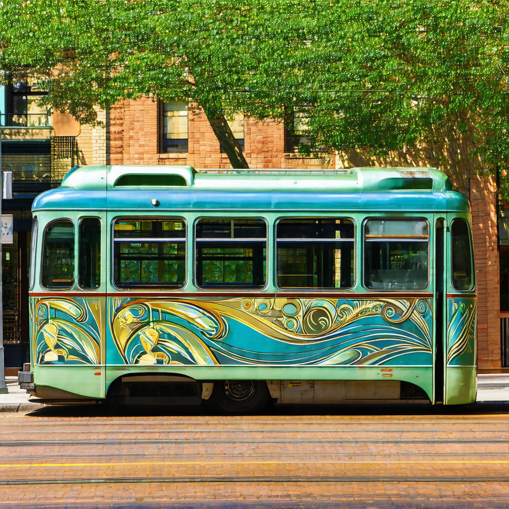 Green and gold bus driving down a street