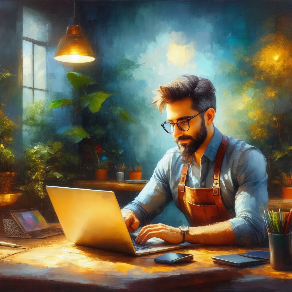Man sitting at a desk, working on a laptop computer