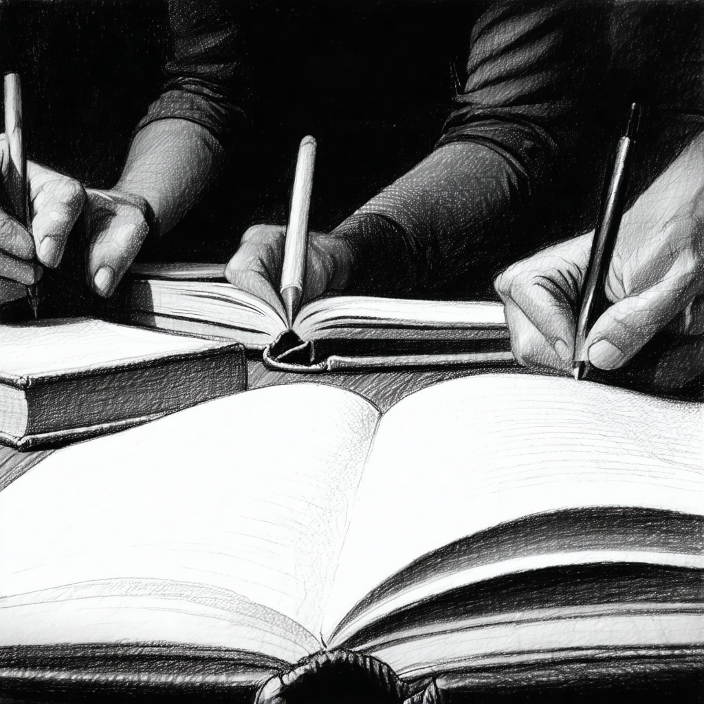 There are three people sitting at a table, each holding a...