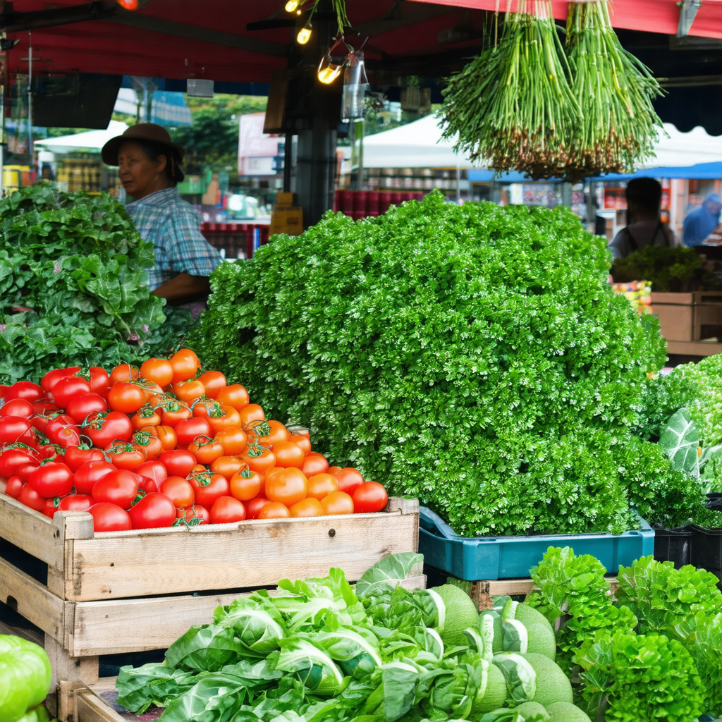 Large display of fresh vegetables at a market