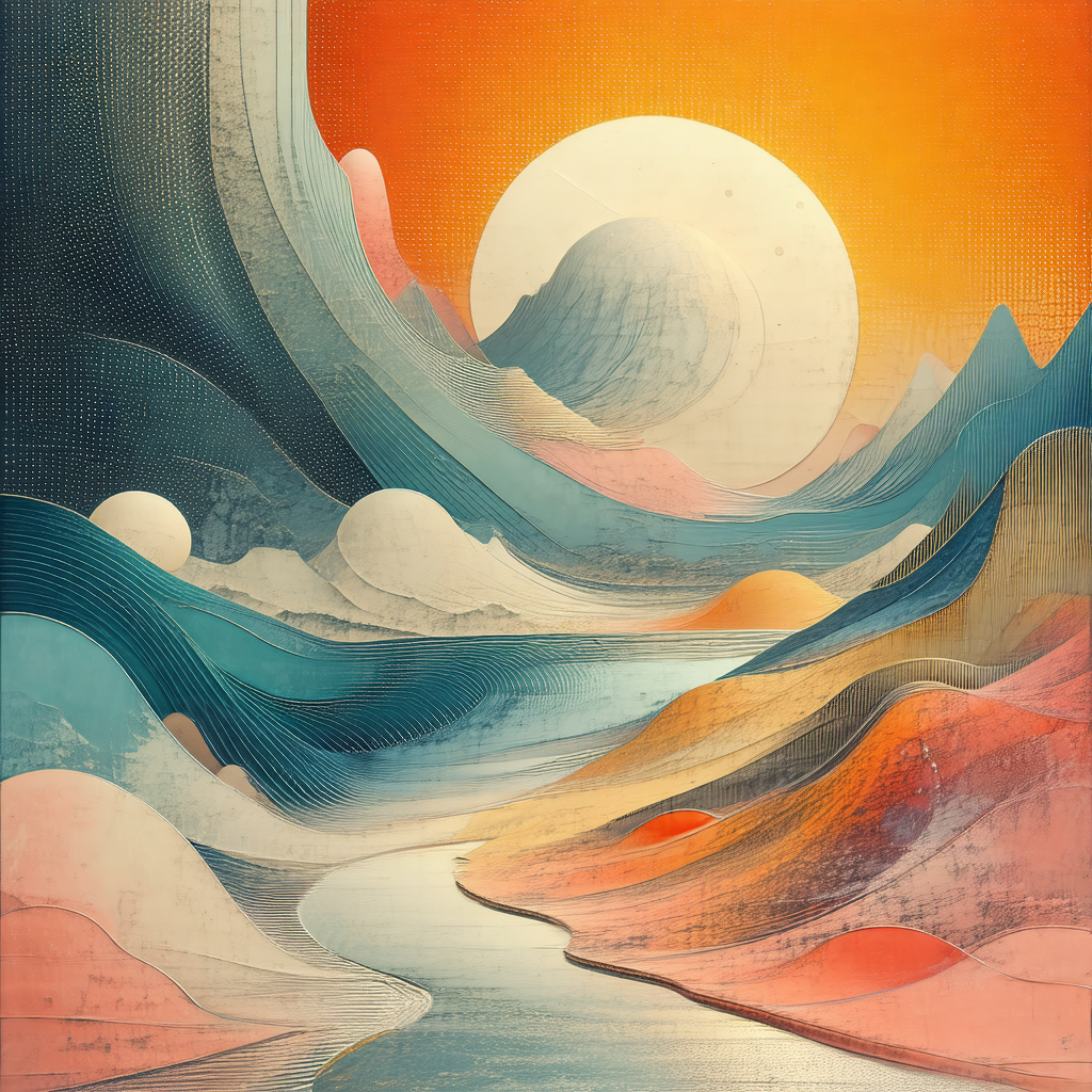 Painting of a sunset over a body of water, possibly a river