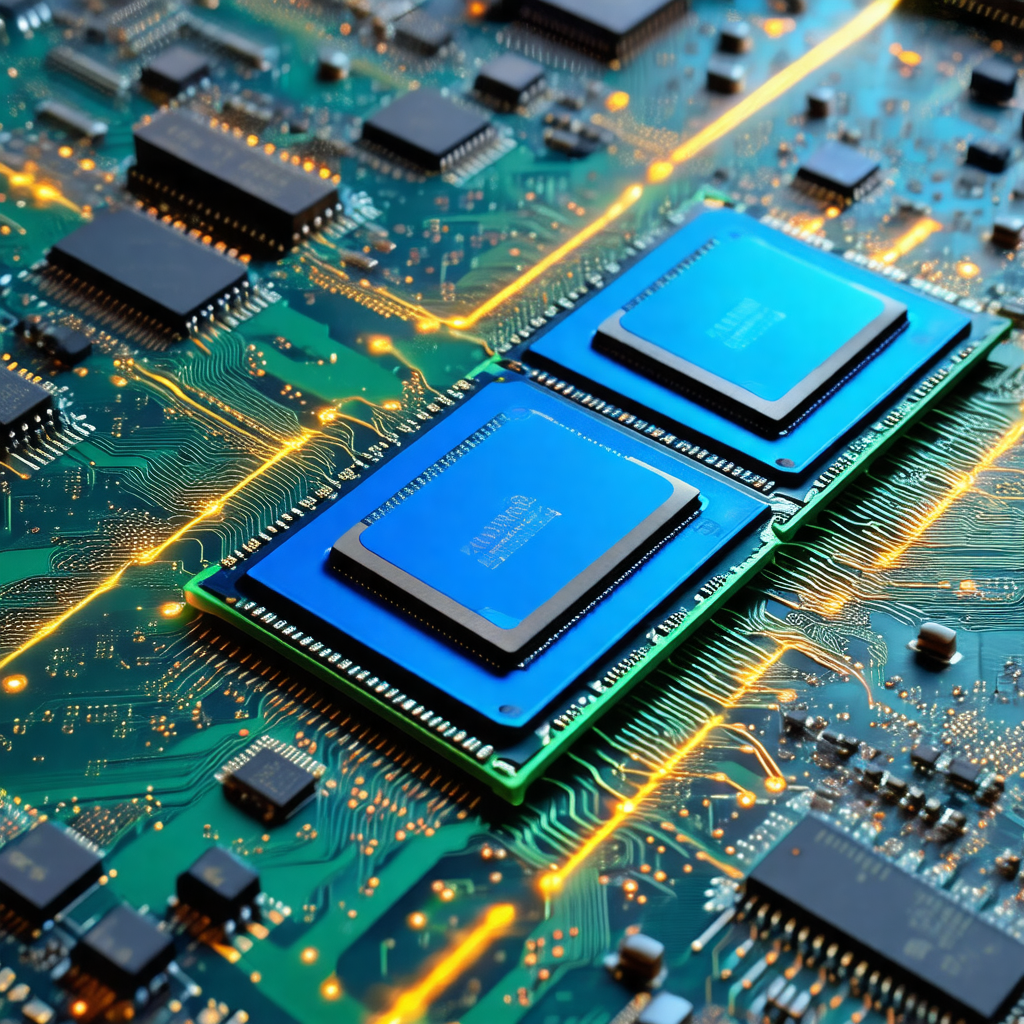 Close-up of a computer circuit board with two blue chips ...