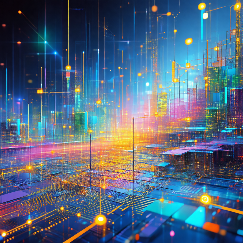 Futuristic cityscape with a vibrant, colorful skyline
