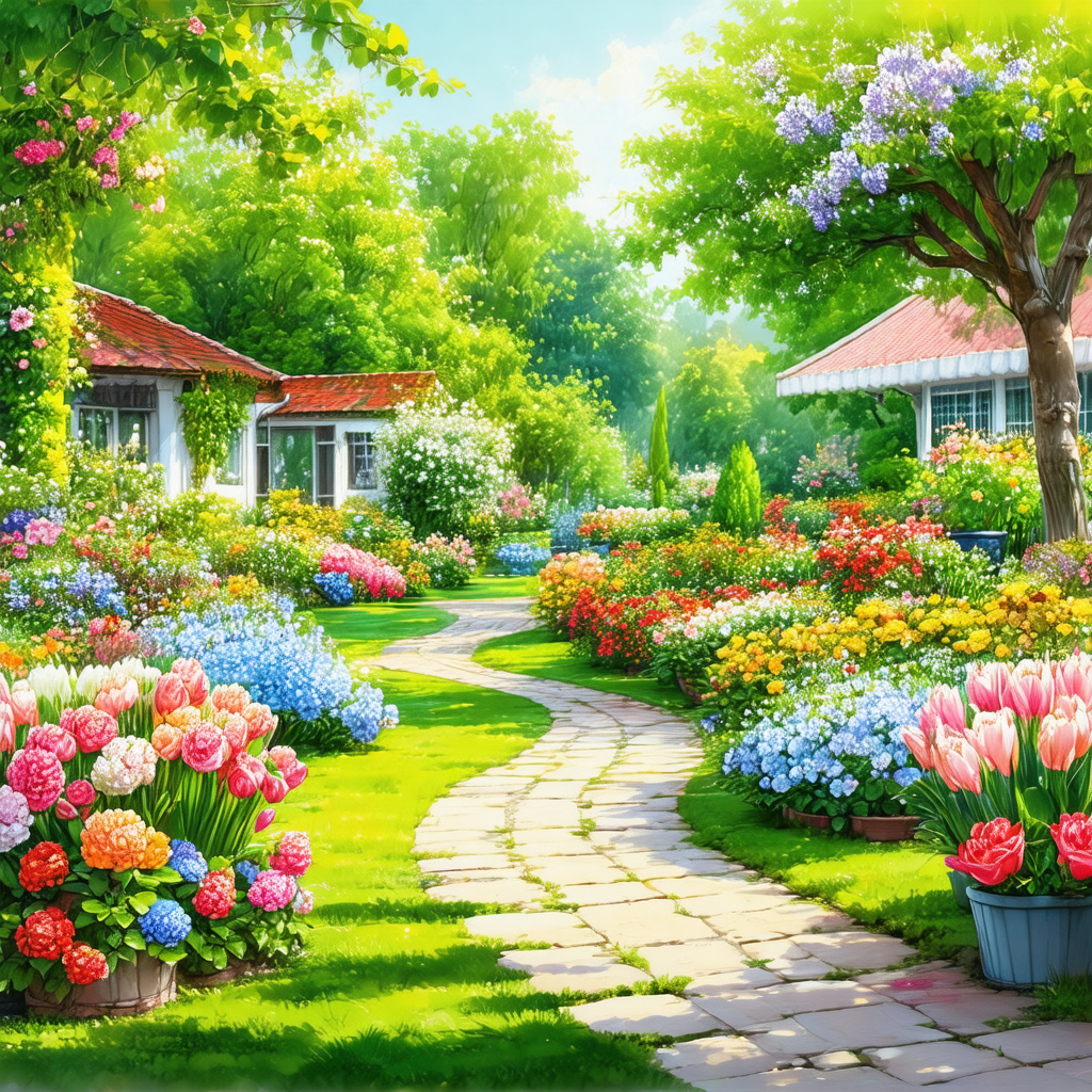 Beautiful garden with a pathway leading to a house