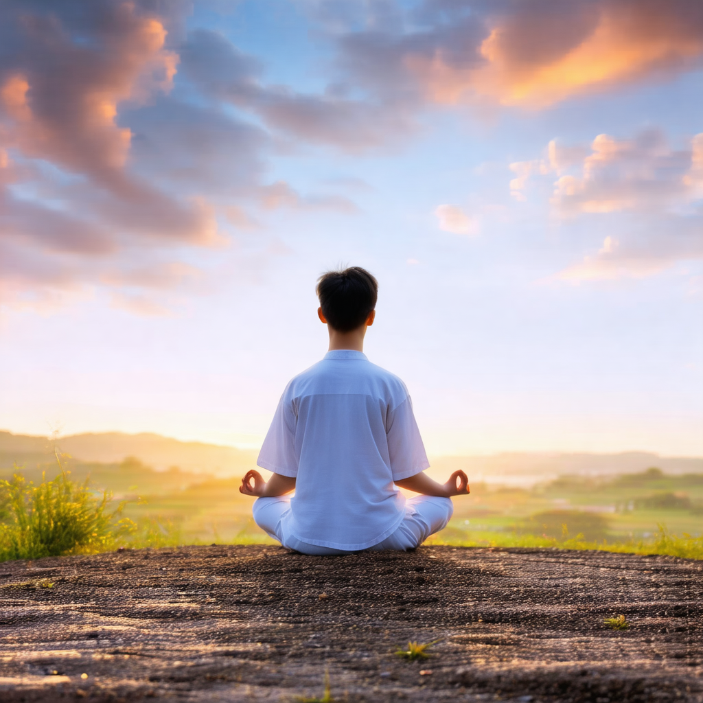 Man sitting in a lotus position on a dirt road, facing th...