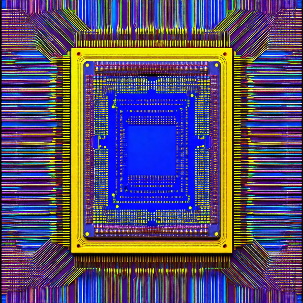 Close-up of a blue and yellow computer chip