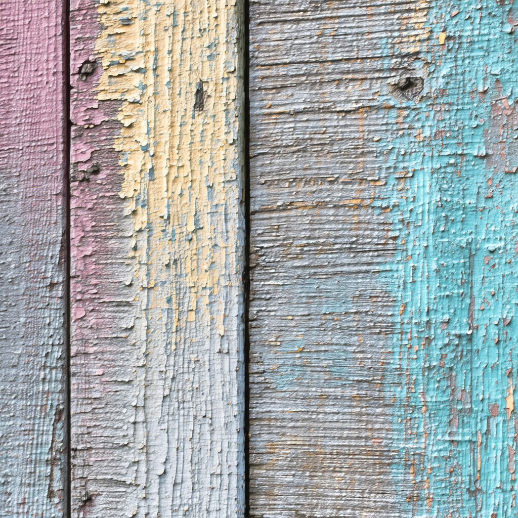 Wooden wall with three distinct colors: blue, yellow, and...