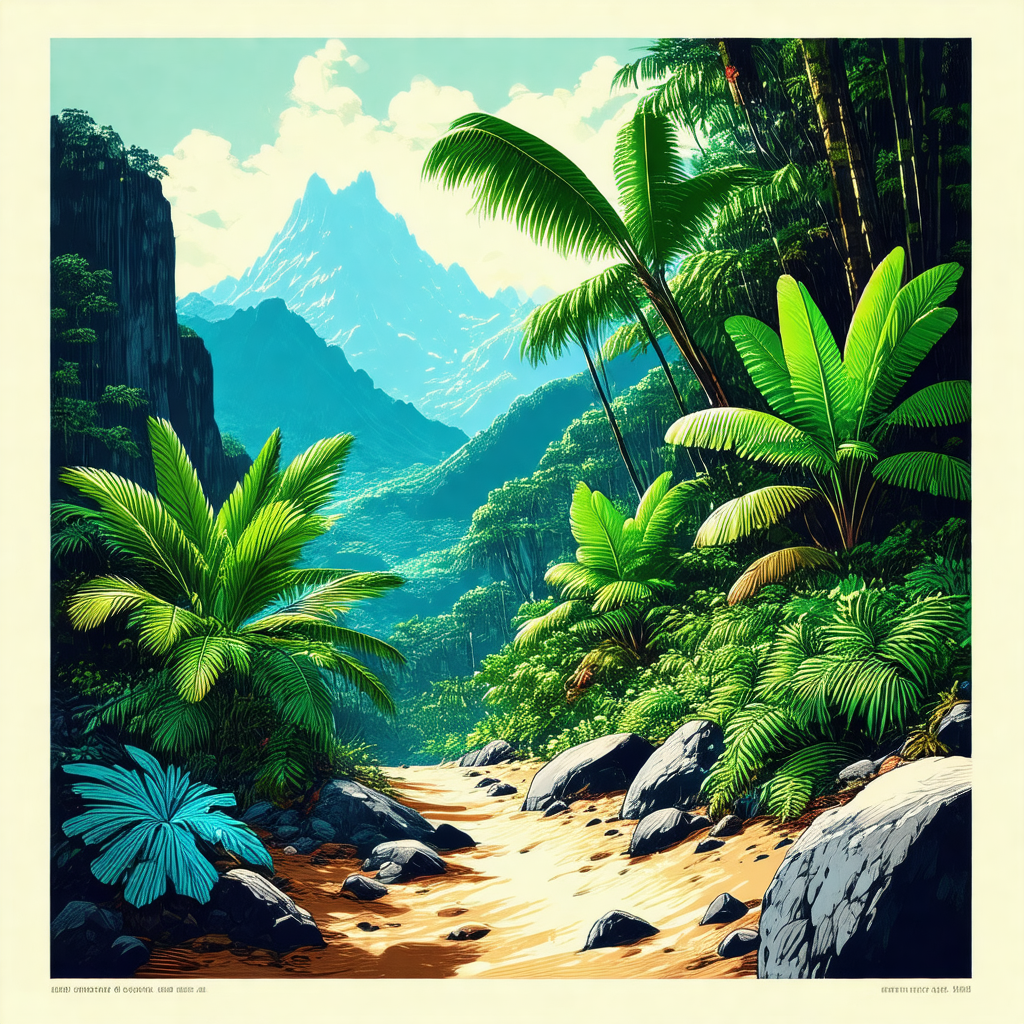 Colorful painting of a tropical forest, featuring a dirt ...