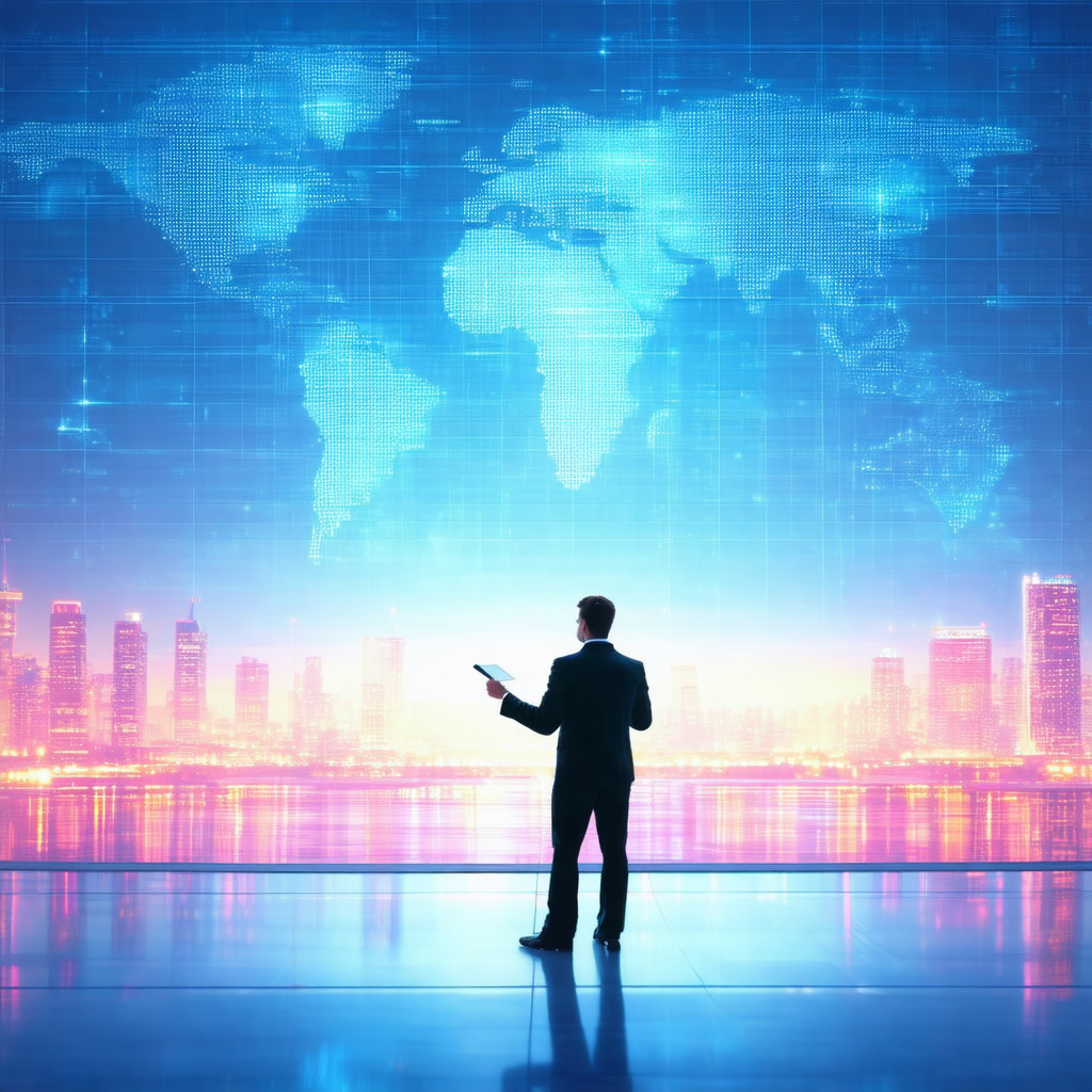 Man standing in front of a large screen, which displays a...