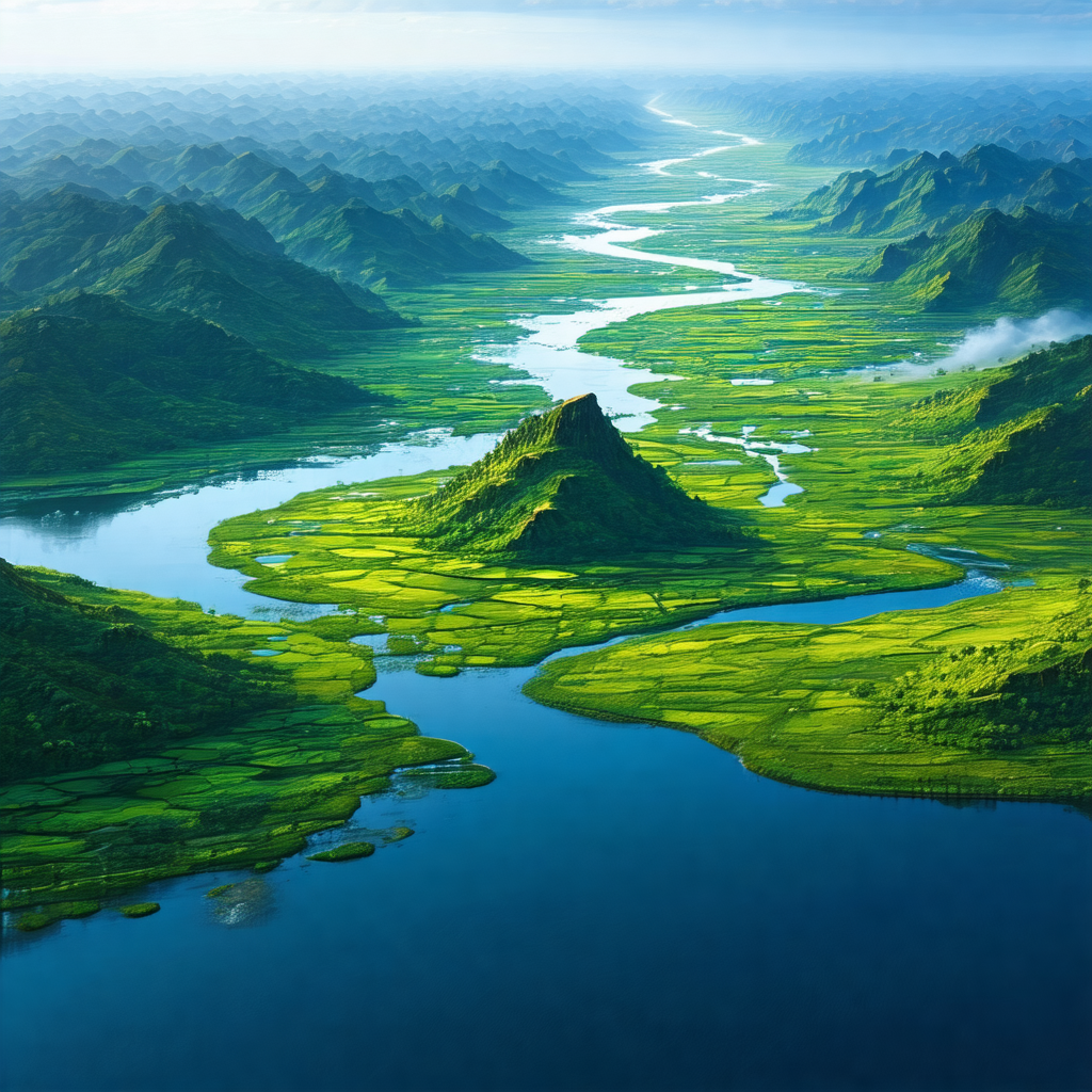 Large body of water with a river flowing through a valley