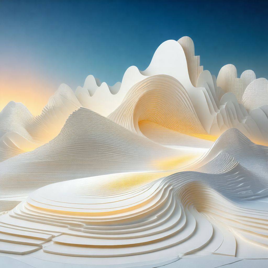 Large, white, and intricate sculpture of a mountain range