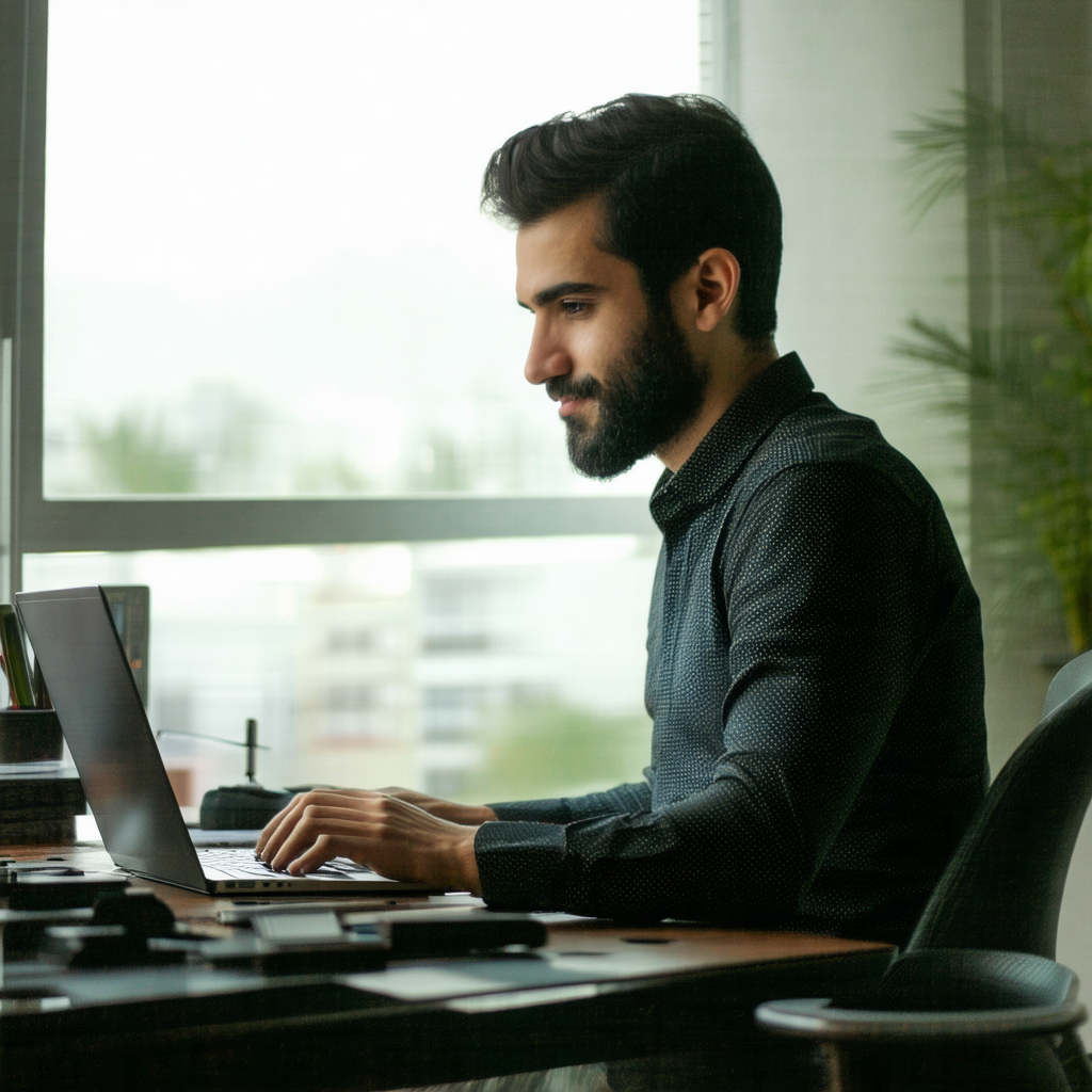 Man sitting at a desk, working on a laptop computer