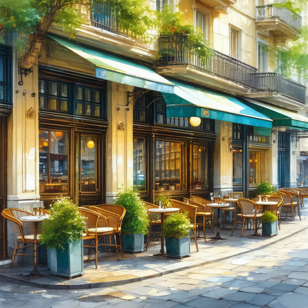 Lively outdoor cafe scene with several tables and chairs ...