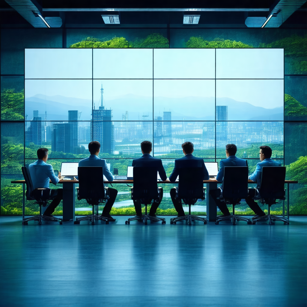 Group of four men sitting at a conference table, all wear...