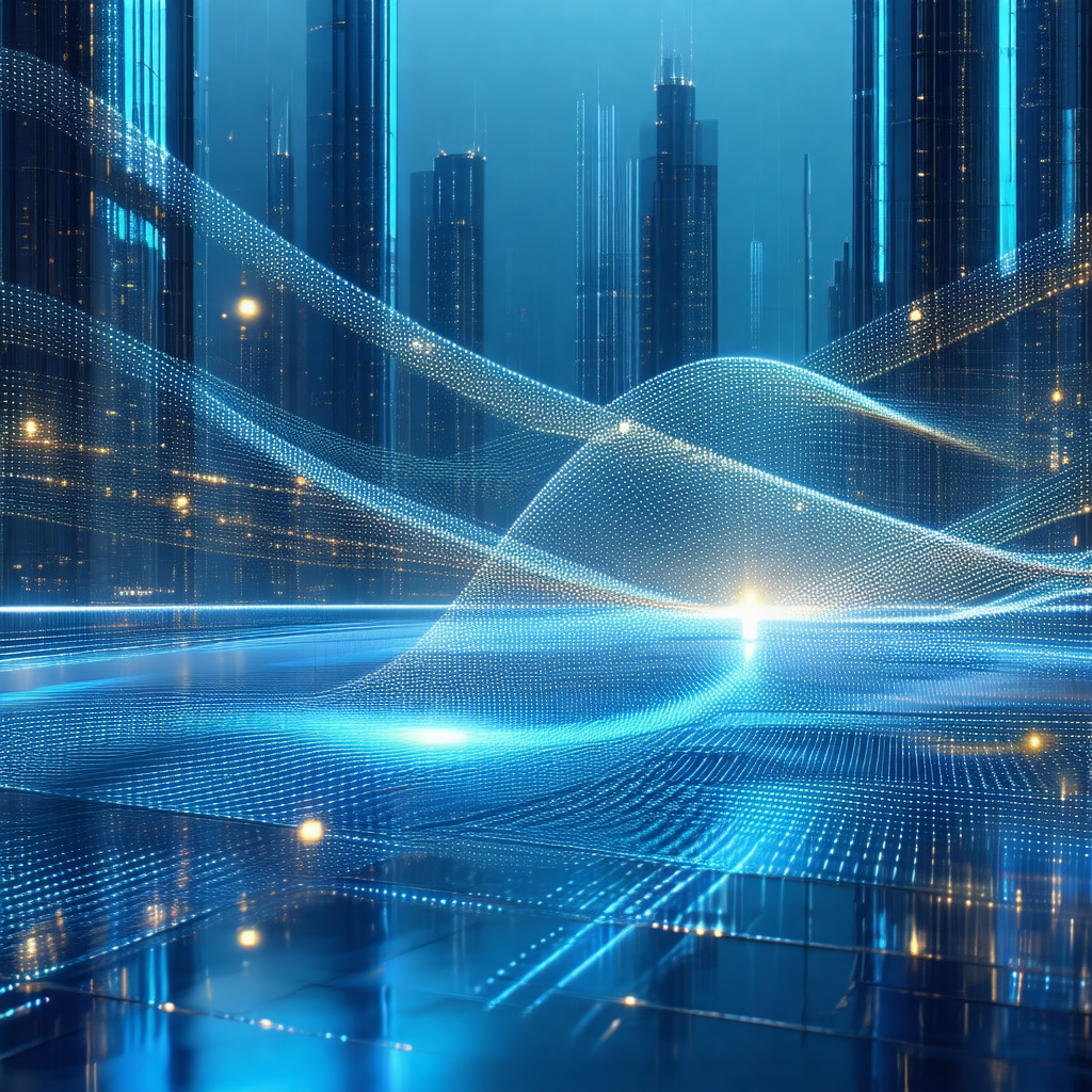 Futuristic cityscape with a large building in the background