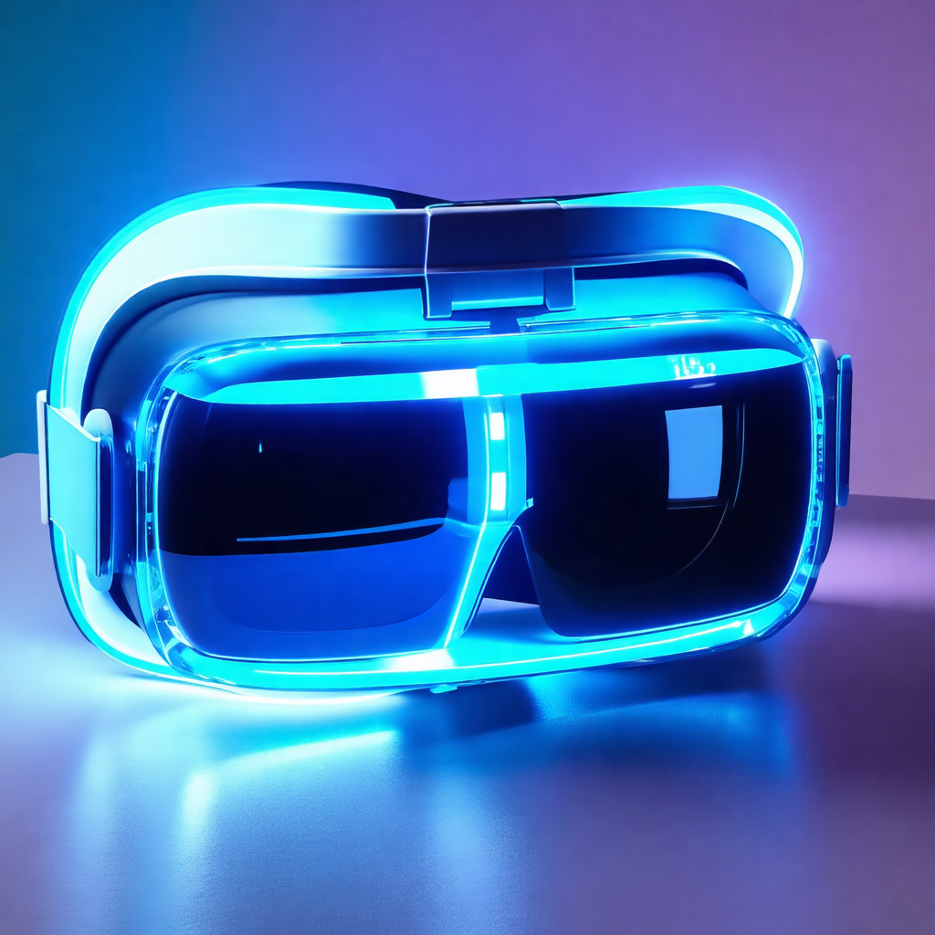 Pair of blue glowing sunglasses sitting on a table