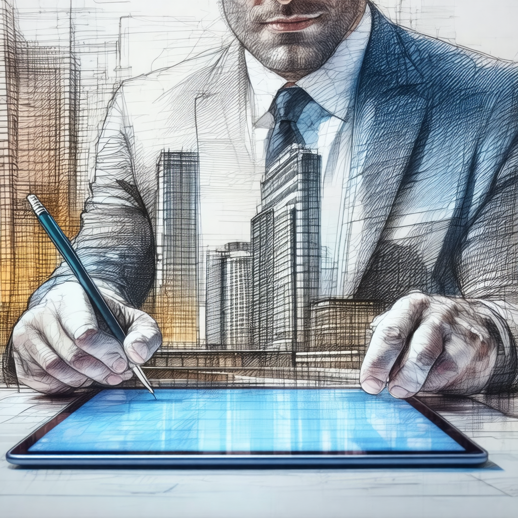 Man wearing a suit and tie, sitting at a desk and working...