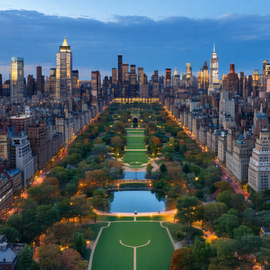 Nighttime view of a city, featuring a large park with a p...