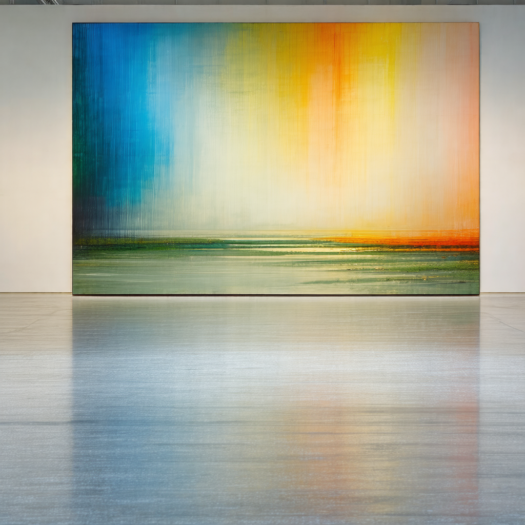 Large painting of a sunset, which is displayed on a wall