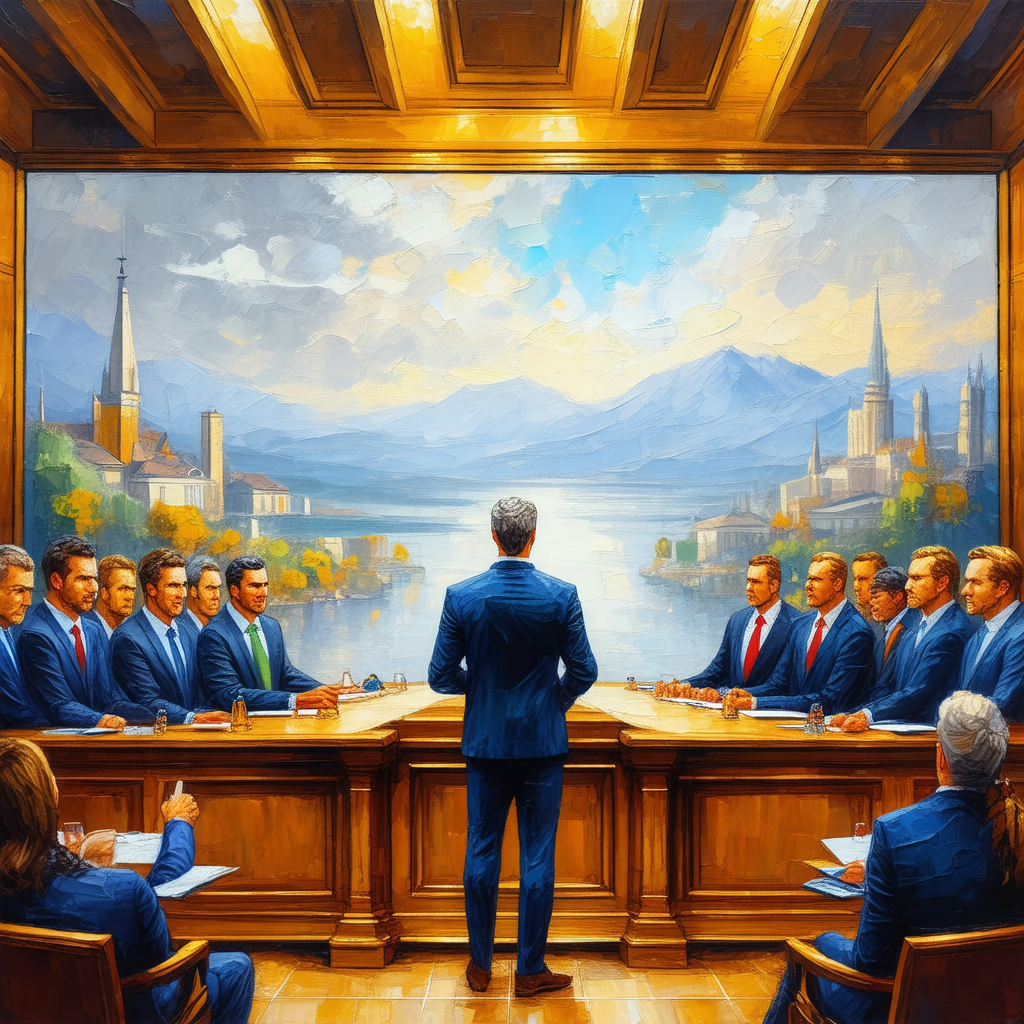 Painting of a man standing in front of a group of people