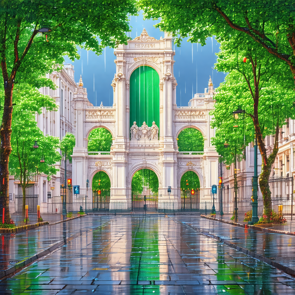 Painting of a city street with a large white building in ...