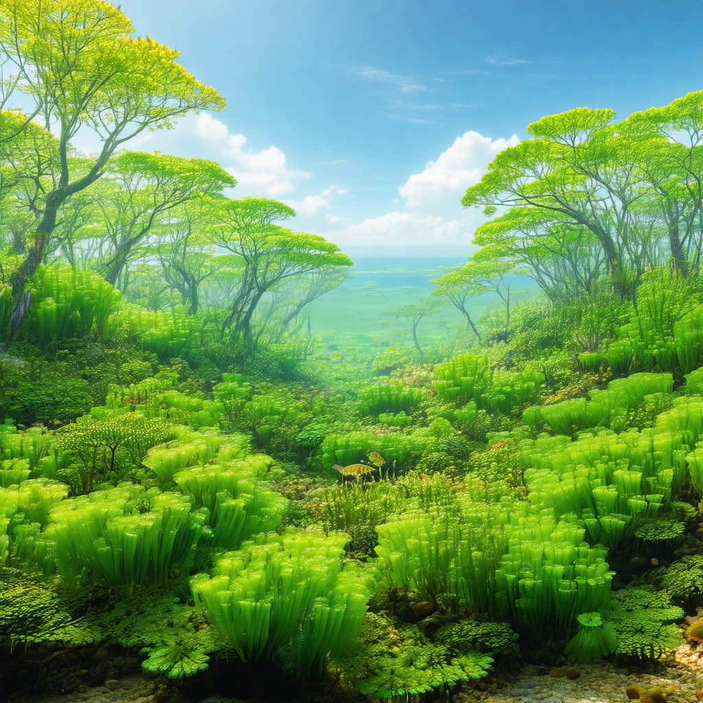 Lush green forest filled with trees and plants