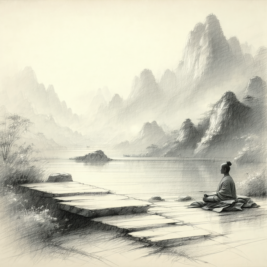 Black and white drawing of a person sitting on a rock nea...