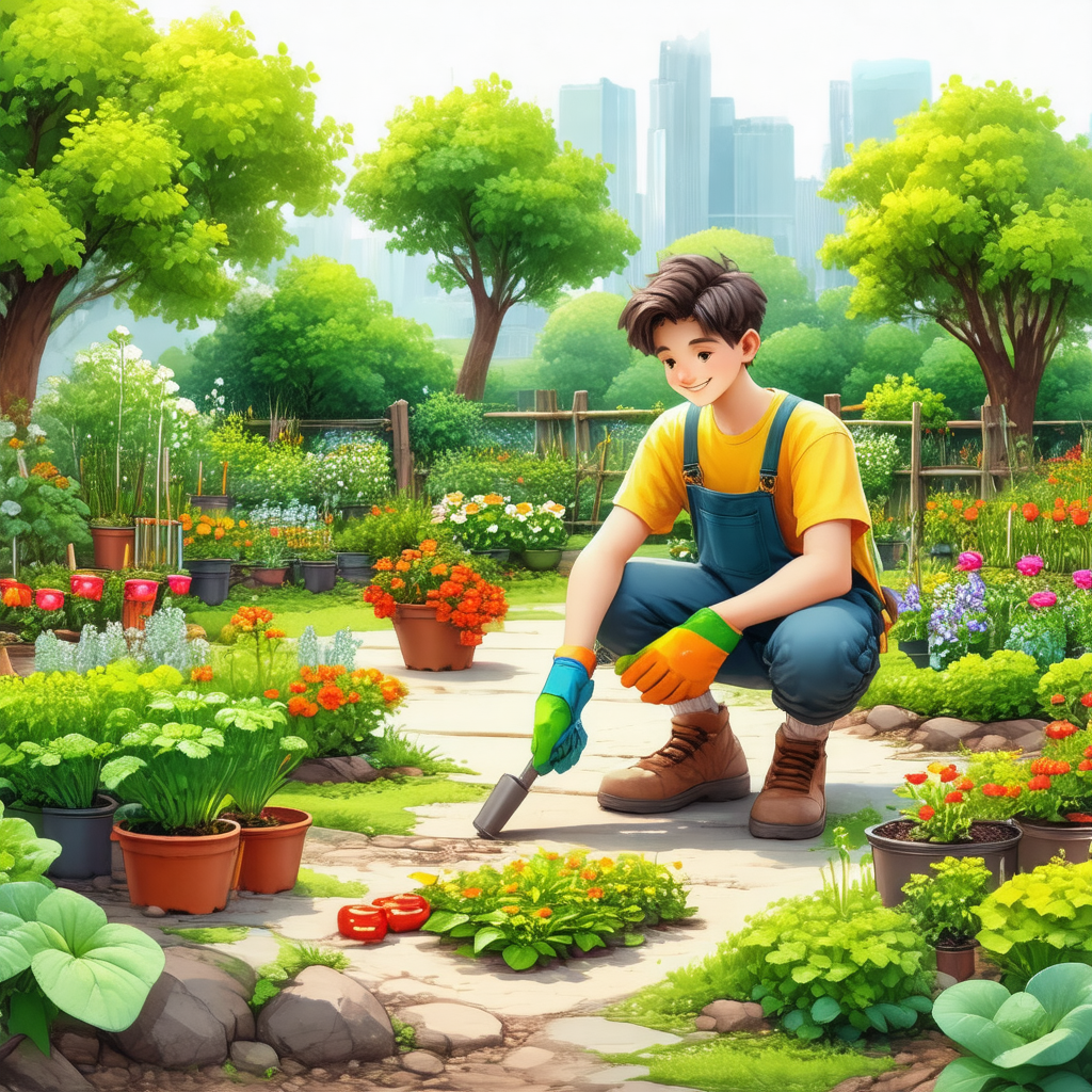 Young man wearing a yellow shirt and blue overalls, kneel...