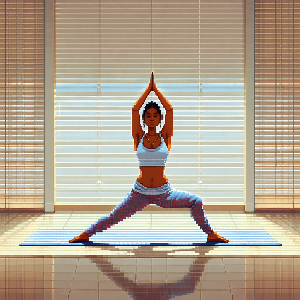 Woman in a yoga pose, standing on a blue yoga mat