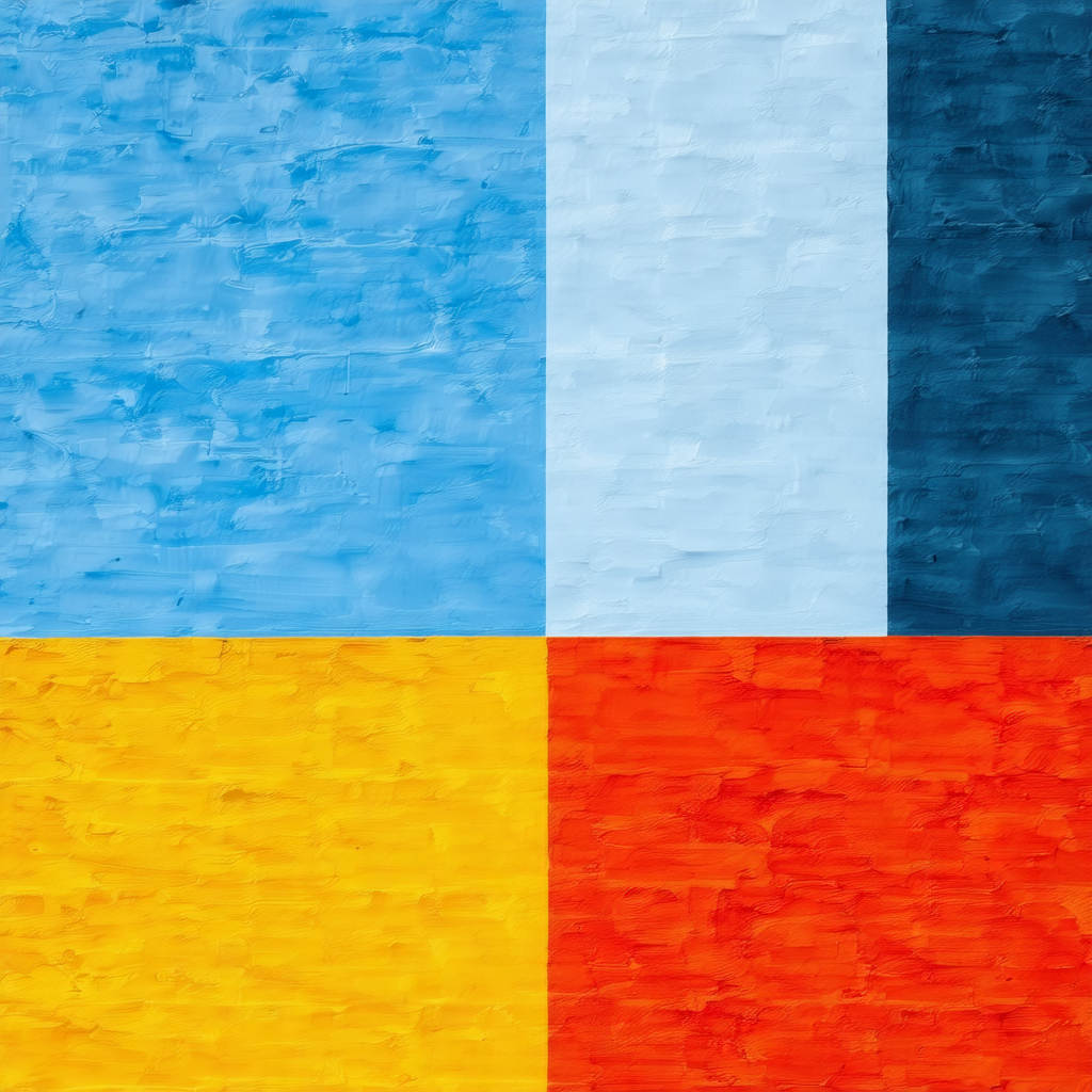 Blue, yellow, and orange wall with a blue, yellow, and or...