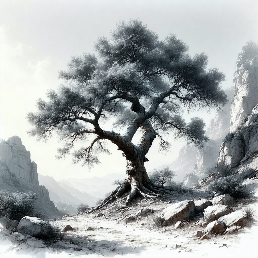 Large tree with a gnarled trunk, situated in a rocky area