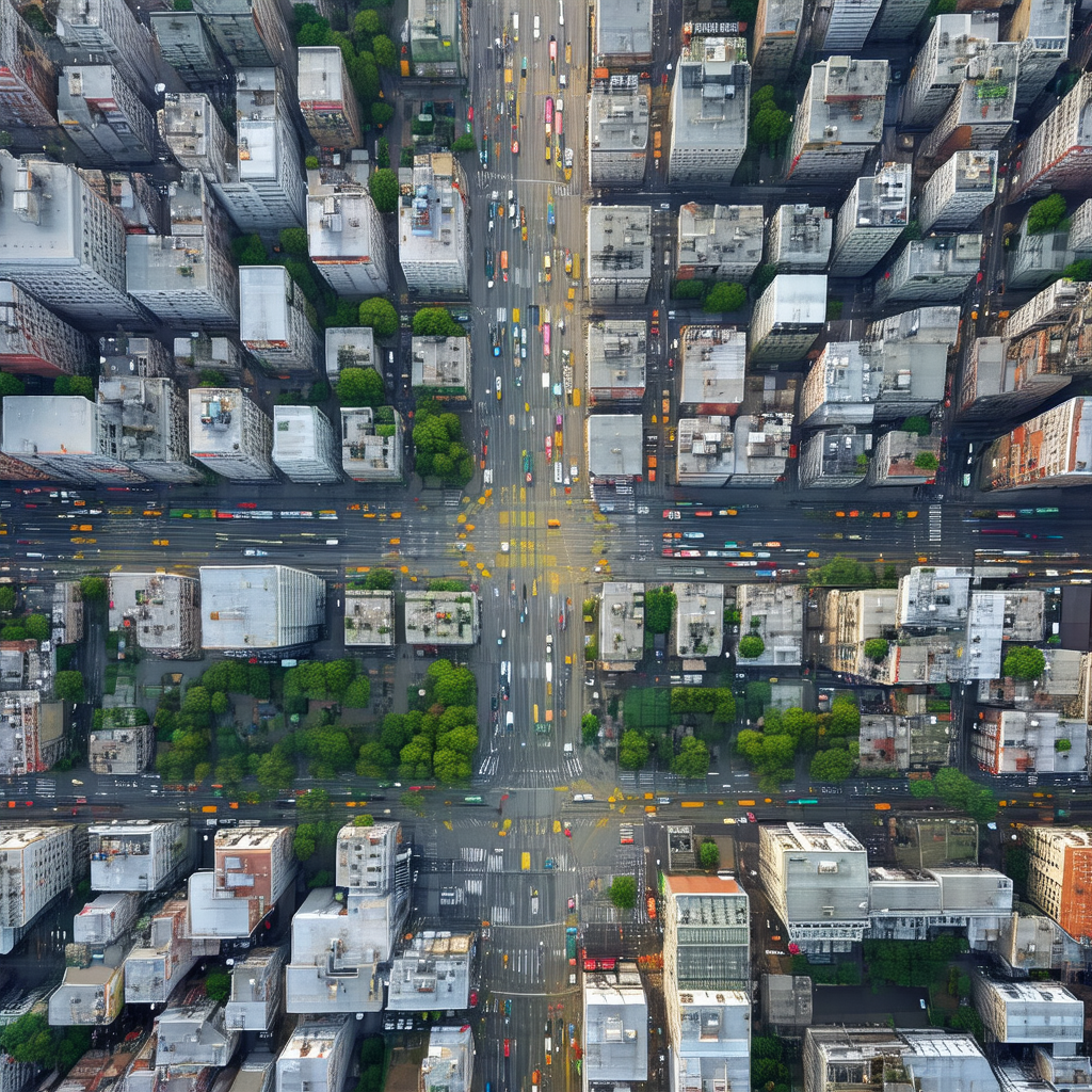 Bird's eye view of a busy city intersection, showcasing t...