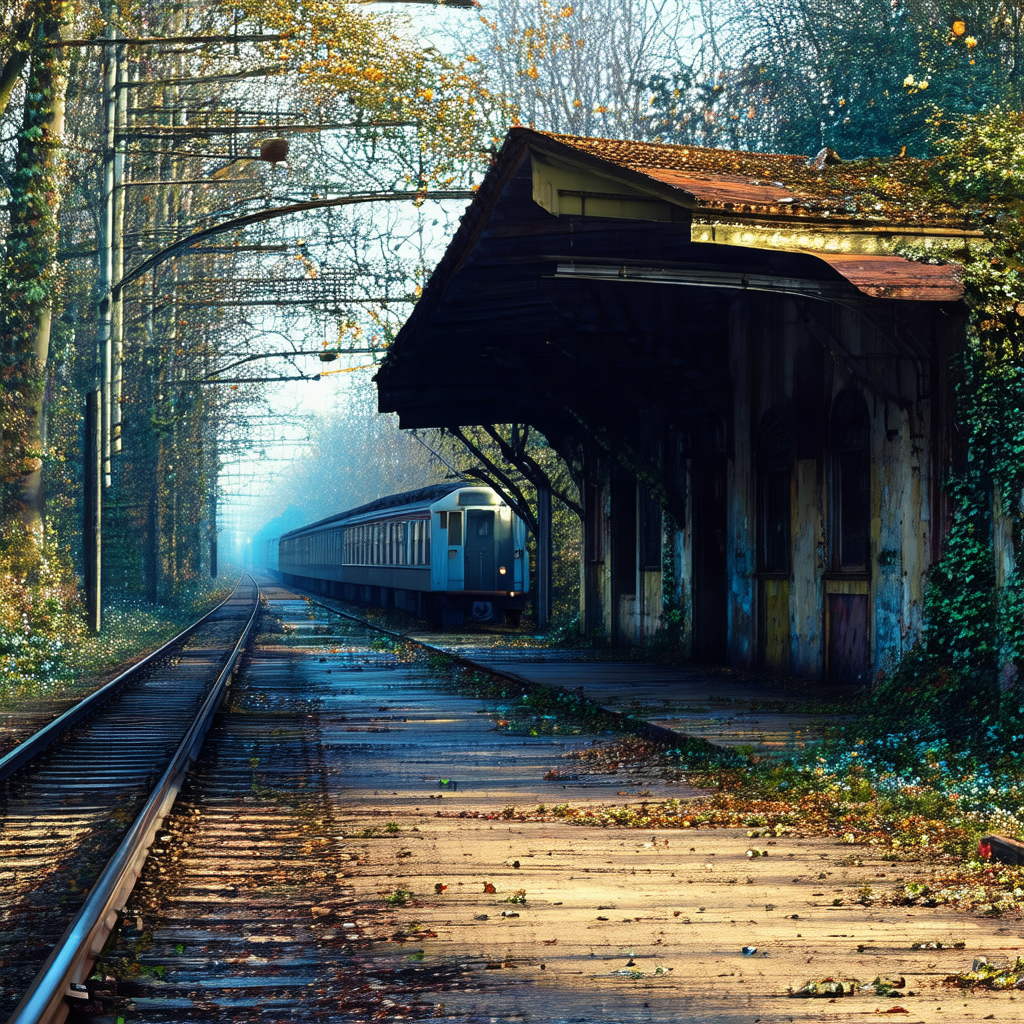 Train traveling down the tracks, with a train station vis...