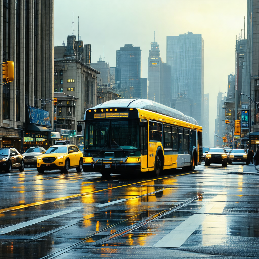 Busy city street with a yellow bus driving down the road