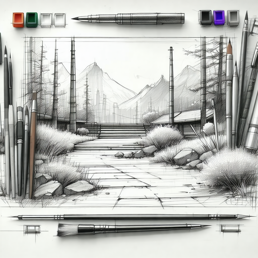 Drawing of a mountainous landscape with a path leading up...