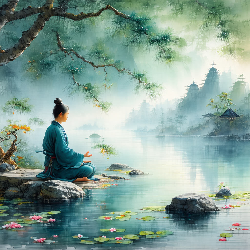 Woman sitting on a rock near a body of water, possibly a ...