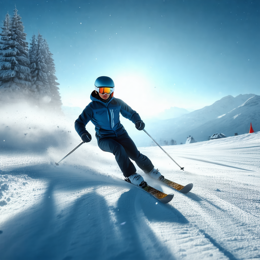 Captures a person skiing down a snow-covered slope