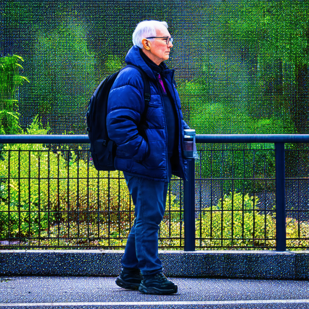 Older man wearing a blue jacket and a backpack, standing ...