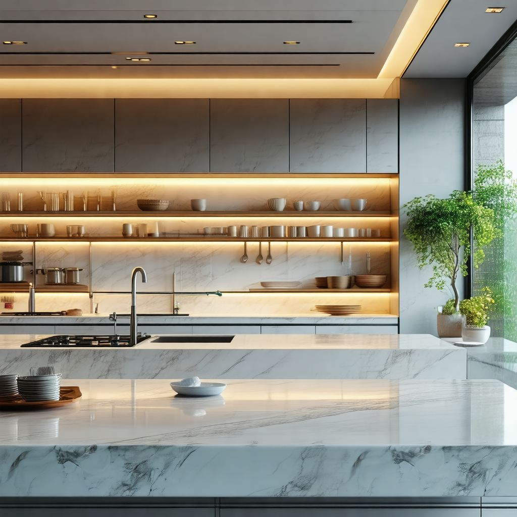 Large, modern kitchen with a marble countertop